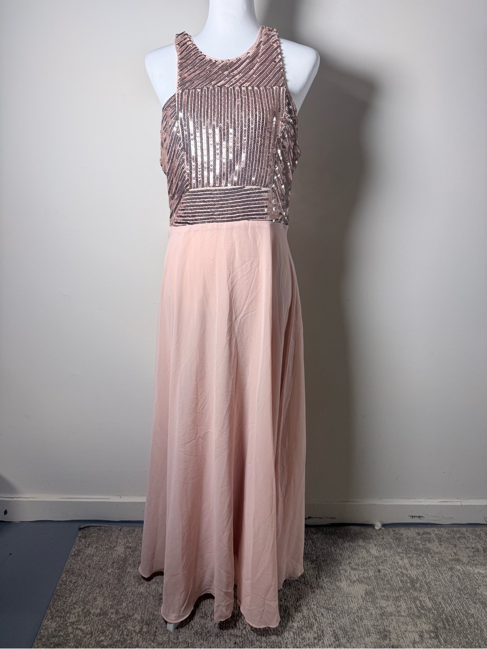 Blush Pink Sequin Maxi Dress Formal Evening Wedding Guest Halter Dress Small